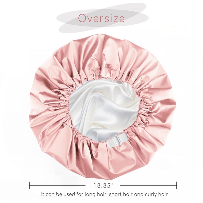 Amamba Shower Caps,100% Real Satin Lined Shower Cap,Extra Large Shower Cap for Women Reusable Waterproof,Adjustable Size&Long Hair Bath Caps（Pink） - Image 3